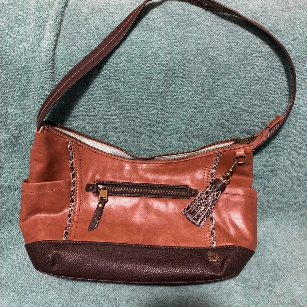 The Sak Kendra Brown and Snake Trim Leather Shoulder Bag - Picture 1 of 4